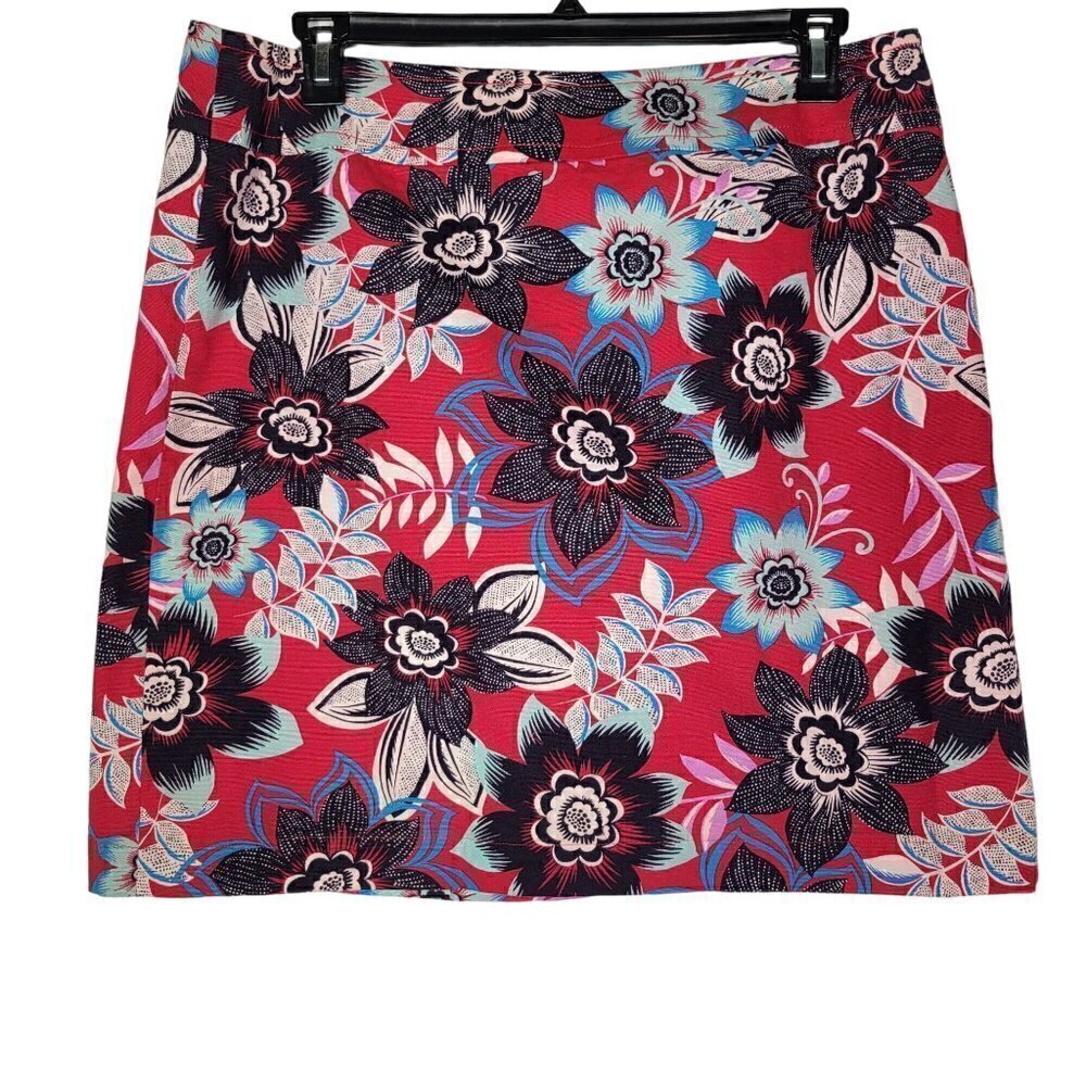 Talbots Women's Red Vibrant Floral Pattern Red A-Line Skirt 97% Cotton Size 16